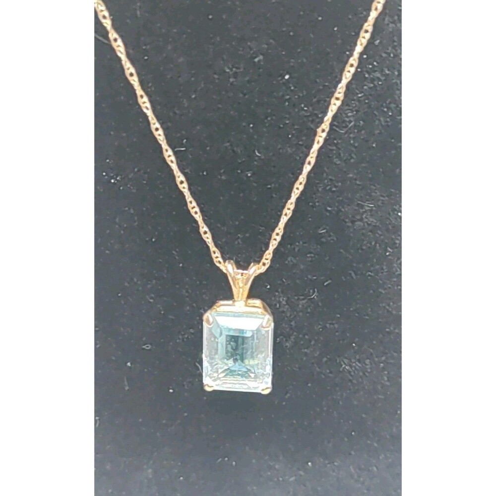 14K Gold And Blue Topaz Pendant Necklace 4 Carat Emerald Cut - Picture 3 of 5